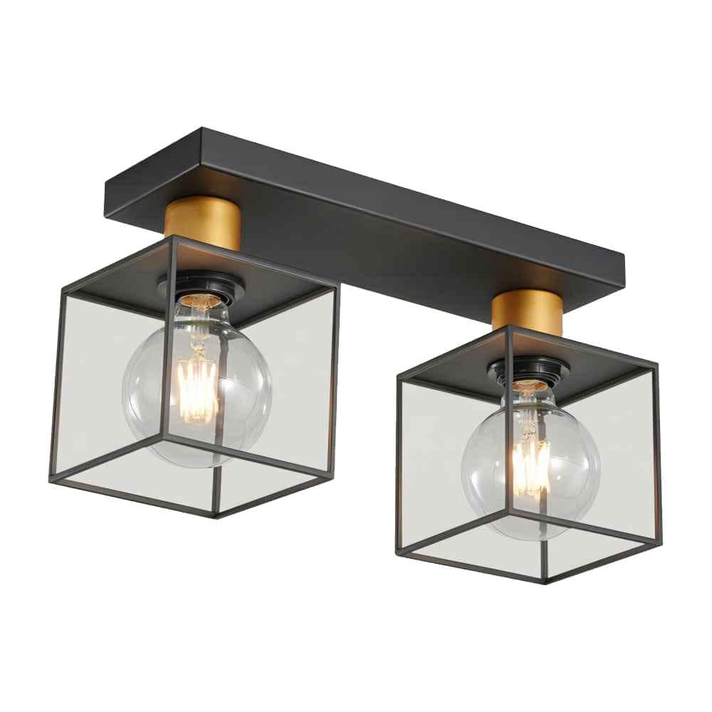2-Light Black Metal Cage Modern Pendant Light Semi Flush Mount Kitchen Pend