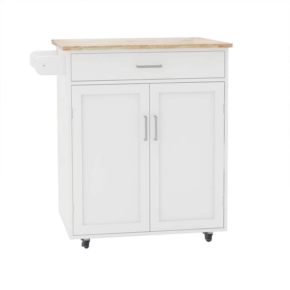 Modern White Kitchen Island Rolling Trolley Cart with Brakes, Towel Rack and Rubber Wood Table