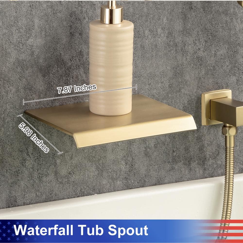Brushed Gold Wall Mount Waterfall Tub Faucet with Hand Shower
