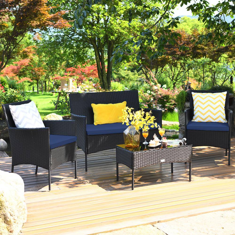 Navy 4-Piece Rattan Outdoor Patio Sofa Set with Cushions and Glass Table