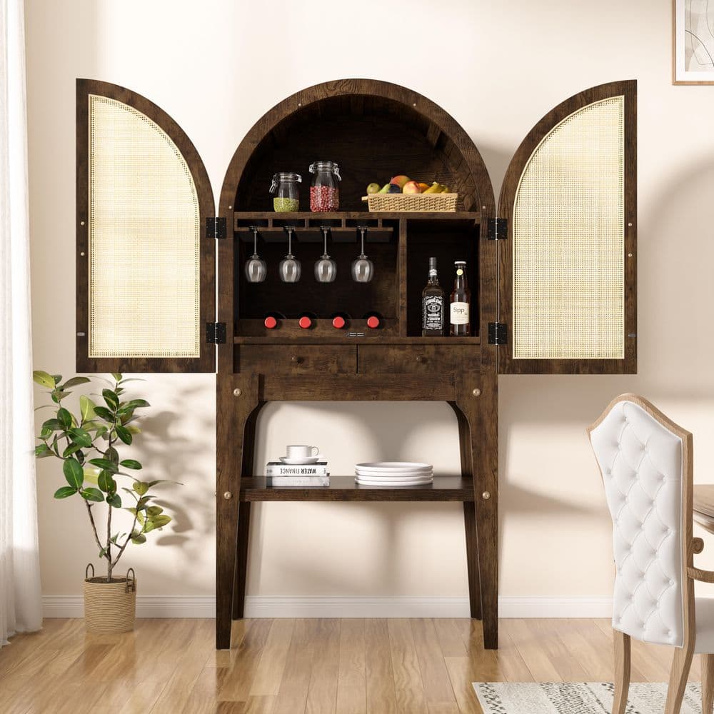 Brown 31 in. W Natural Wood Arched Wine Cabinet with Rattan Doors, Drawers and Open Shelf price history on PriceWatchPro