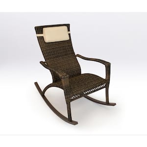Maracay Oversized Pecan Wicker Rocking Chair Outdoor Patio Furniture Piece with Plush Head Cushion