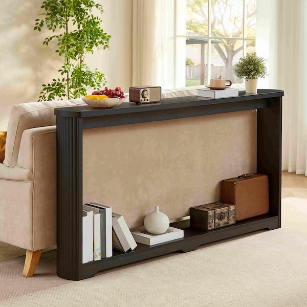70 in. Narrow Rectangle Black MDF Console Table with Corrugated Texture-Entryway, Hallway and Behind Sofa Storage Table