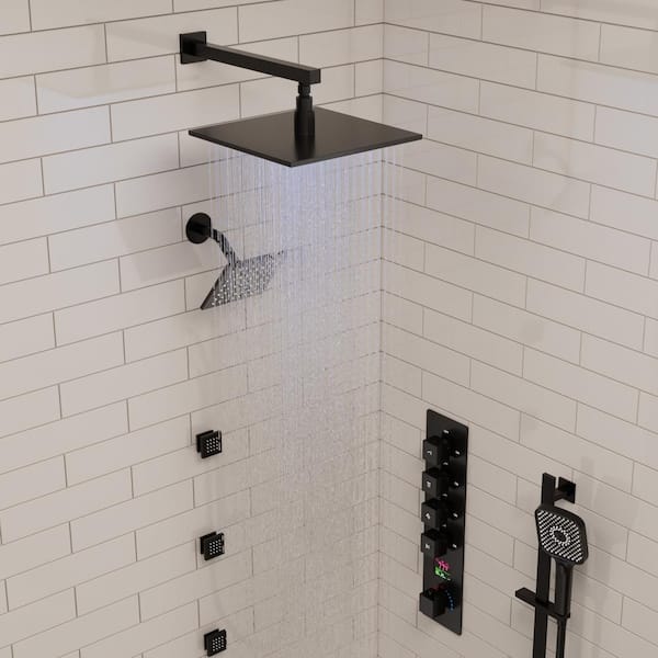 IntelliFlow 3-Jet 12in. and 6in. Dual Wall Mount Fixed with Slide Bar Hand-Shower and Thermostatic Valve in Matte Black