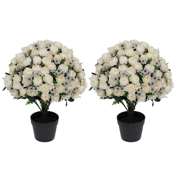 24in.White Artificial Topiary Plant with Peony Flowers,Fake Silk Flowers Potted for Indoor/Outdoor Spring Decor (2-Pack)