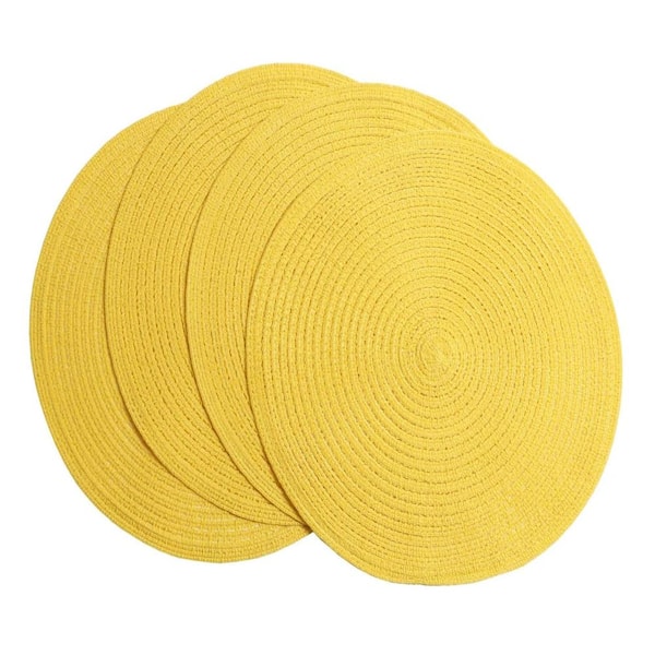 15" Yellow Round Braided Doily Placemats 4‑Pack, Washable Party Dining Decor