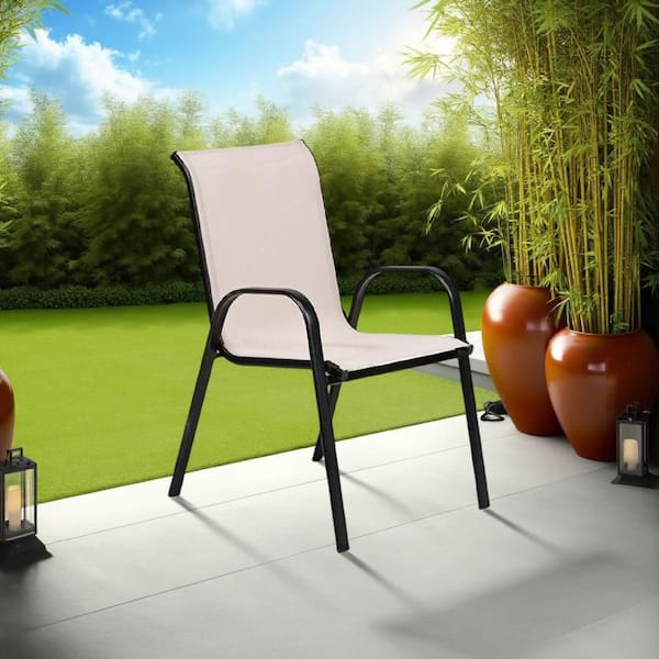 Feli Black Steel Outdoor Stacking Lounge Chair in Beige Set of 2