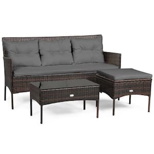 3-Piece Wicker Outdoor Sectional Conversation Set with 5 Gray Seat and Back Cushions