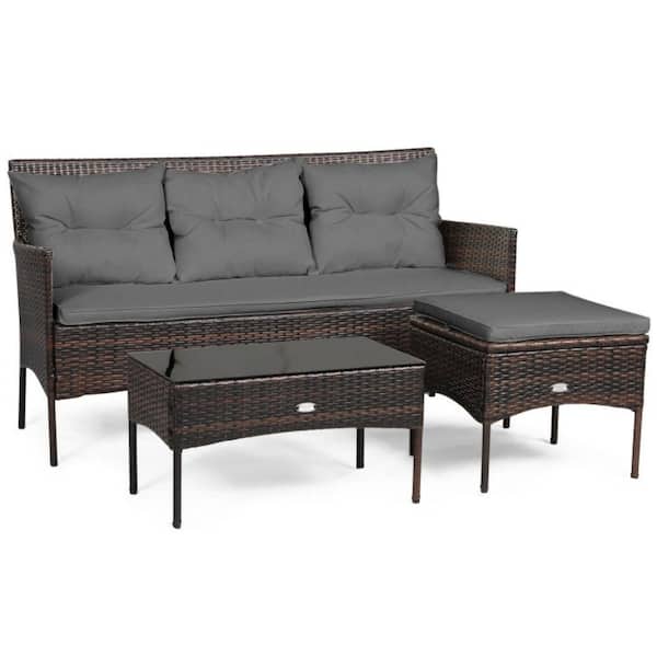 Alpulon 3-Piece Wicker Outdoor Sectional Conversation Set with 5 Gray Seat and Back Cushions