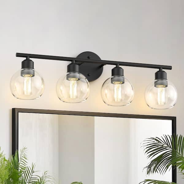 26.37 in. 4-Light Black Vanity Light Fixture with Globe Clear Glass Shades, E26 Bathroom Wall Sconce