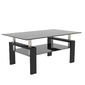 39.37 in. Modern Rectangle Glass Coffee Table with Metal Tube for Living Room, Black