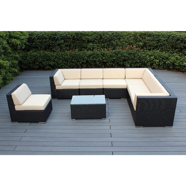 Ohana Black 8-Piece Wicker Patio Seating Set with Supercrylic Beige Cushions