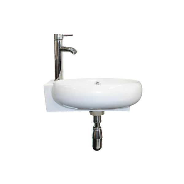 Flynama Ceramic Wall Mounted Bathroom Vessel Sink in White with Chrome Faucet and Pop-Up Drain