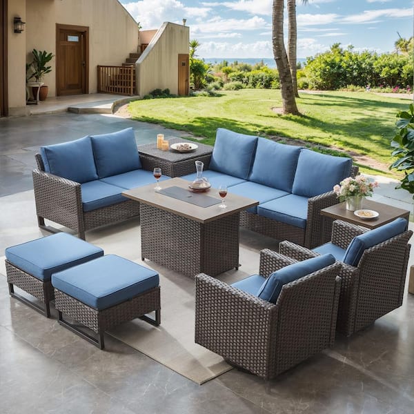 9-Piece Brown Wicker Fire Pit Conversation Set with Olefin Blue Cushions and Sectionsal Sofa/Swivel Gliders
