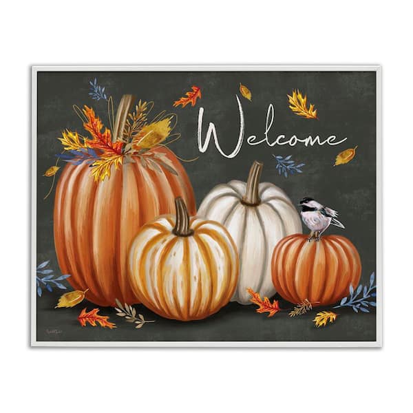 Stupell Industries Welcome with Autumnal Pumpkins by Elizabeth Tyndall White Framed Typography Giclee Art Print 16 in. x 20 in.