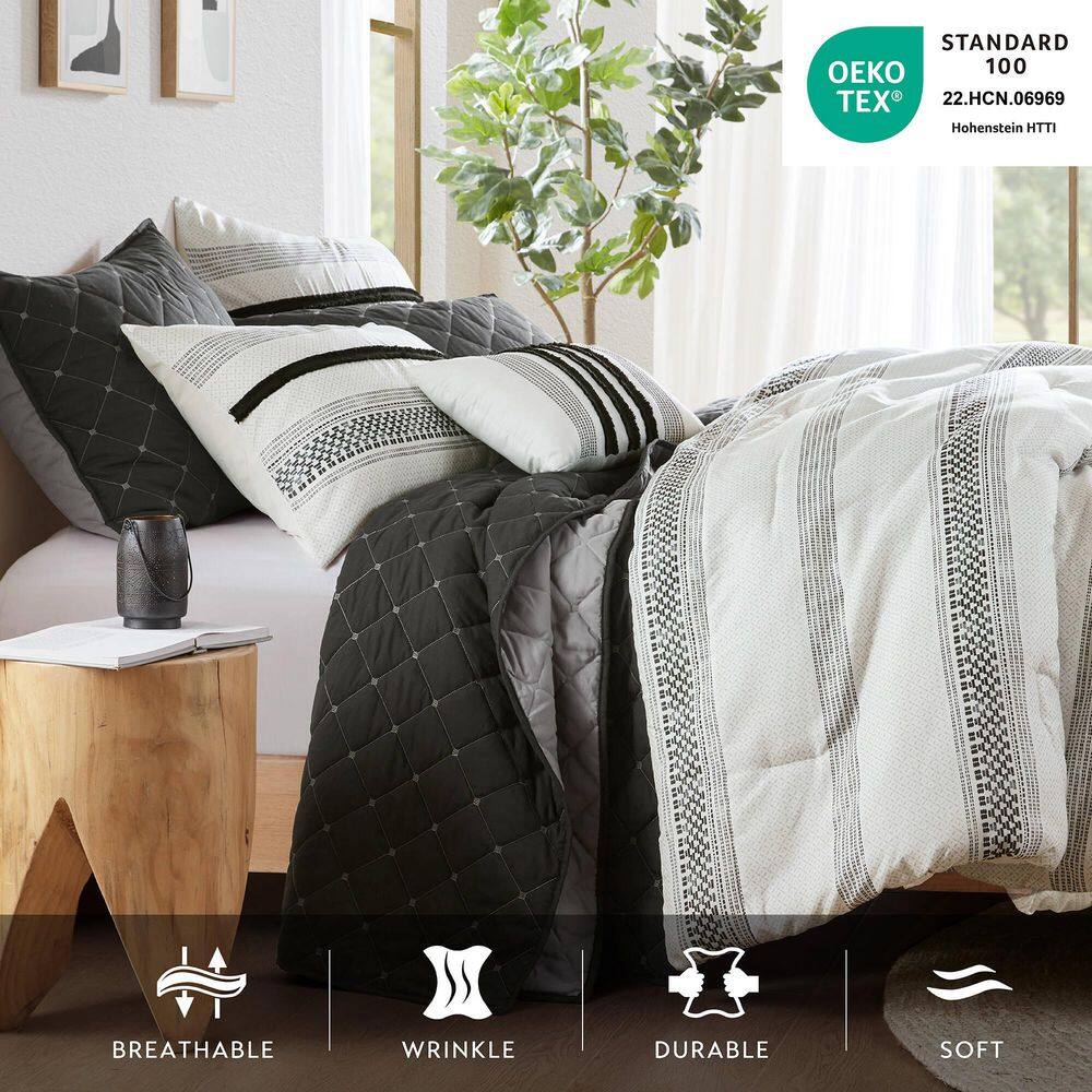 Black and White Microfiber Full Bedspread Set with Stripes
