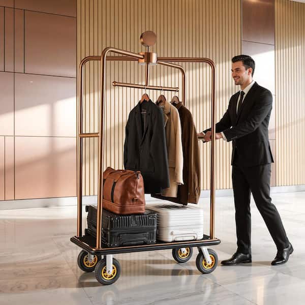 Hotel Luggage Cart, 1200 lbs. Capacity, Bellman Trolley with Stainless Steel Frame, 8 in. Rubber Wheels, Rose Gold
