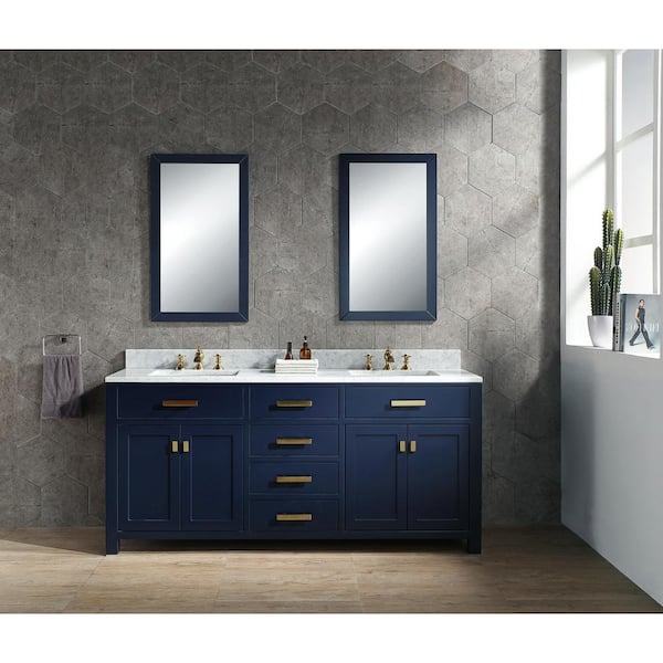 Water Creation Madison 72 in. Bath Vanity in Monarch Blue w/Carrara White Marble Vanity Top w/White Basins and Mirrors