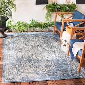 Courtyard Navy/Gray Doormat 3 ft. x 5 ft. Floral Oriental Indoor/Outdoor Area Rug