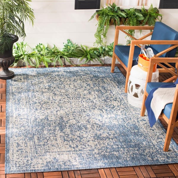 Courtyard Navy/Gray 9 ft. x 12 ft. Geometric Indoor/Outdoor Patio  Area Rug
