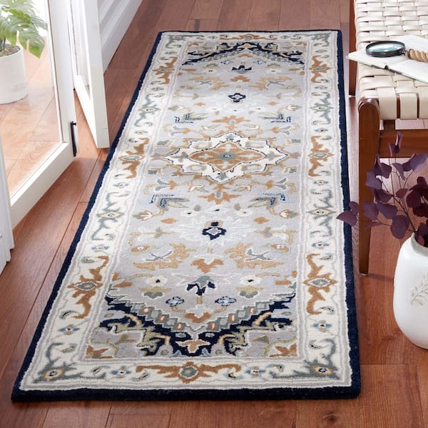 Heritage Gray/Navy 2 ft. x 6 ft. Border Floral Medallion Runner Rug