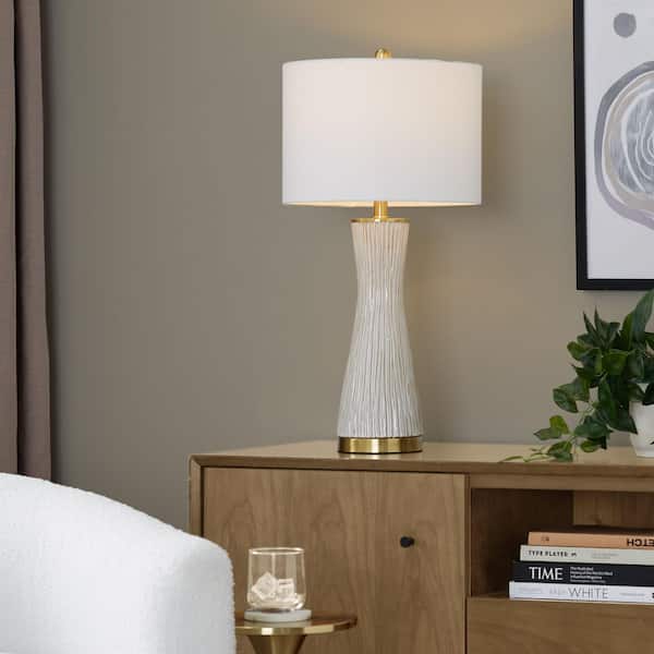 Gemma 28.5 in. Brushed White Ceramic, Gold Metal and White Linen Table Lamp (Set of 2)