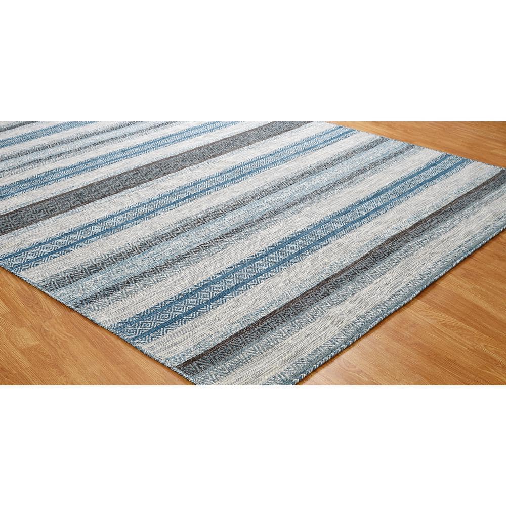 Handmade Turquoise and Gray Cotton Chenille Striped Area Rug