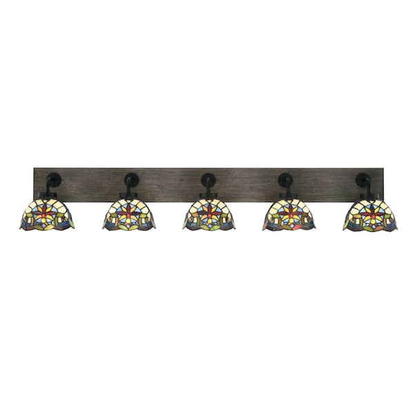 Unbranded Kirby 47.75 in. 5 Light Black & Painted Distressed Wood-look Vanity Light with 7 in. Art Glass Shades No Bulbs Included