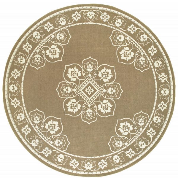 Tan 8 ft. x 8 ft. Loomed Oriental Polypropylene Round Indoor/Outdoor Area Rug