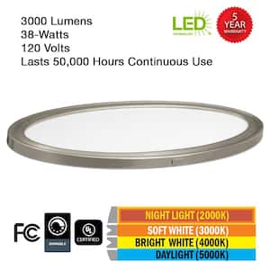 32 in. Low Profile Oval Brushed Nickel LED Flush Mount Ceiling Light with Night Light Feature Adjustable CCT
