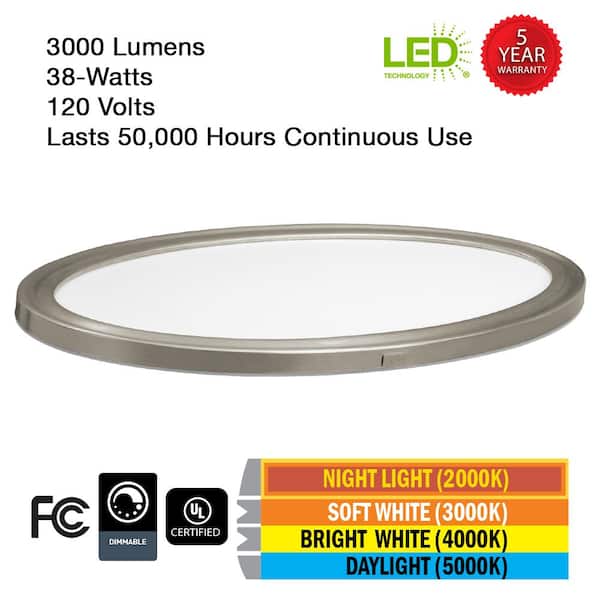 32 in. Brushed Nickel Oval LED Flush Mount Light Fixture Night Light Feature 3000LM 38W 3000K 4000K 5000K Kitchen Light