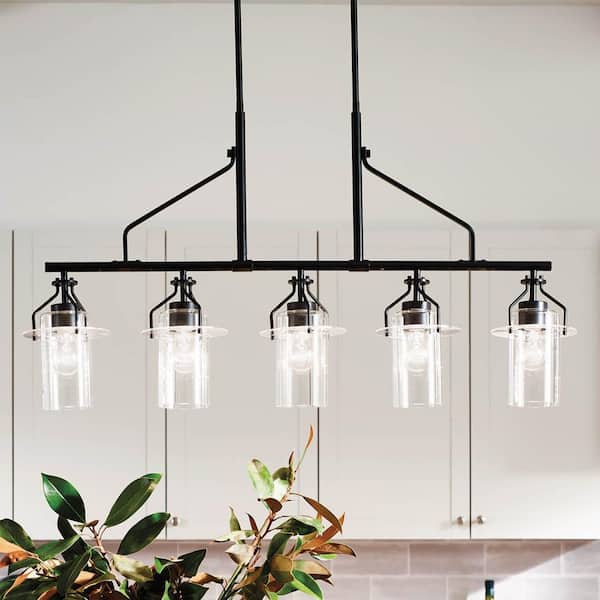 Everett 42 in. 5-Light Black Vintage Industrial Island Linear Chandelier for Kitchen