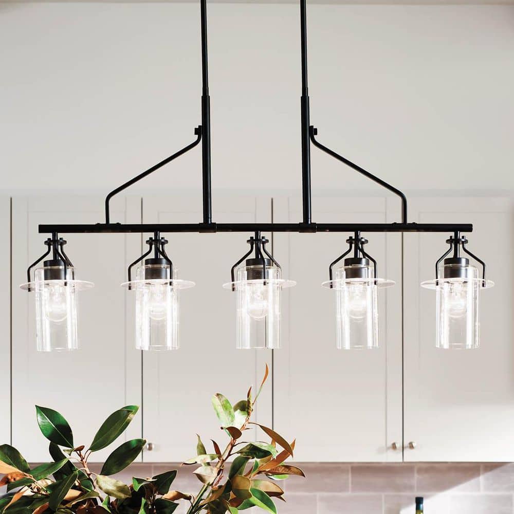 Everett 42 Inch Black and Clear Glass 5-Light Linear Chandelier