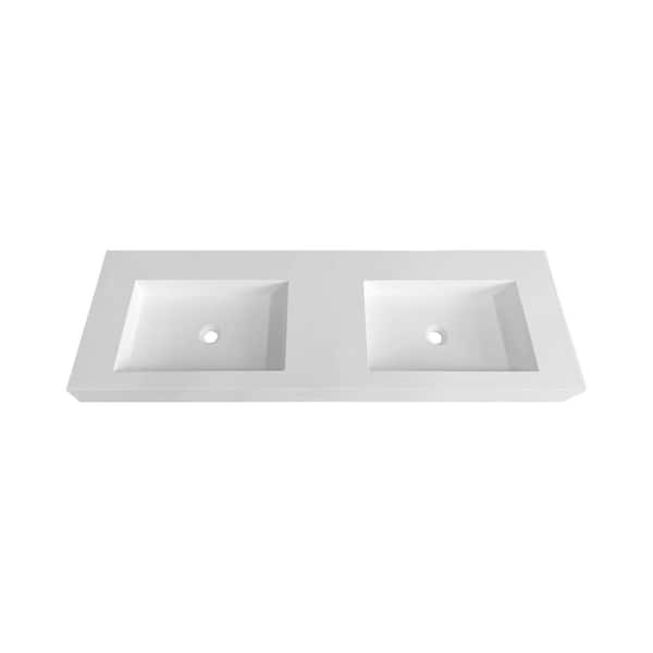 HOPROME Vetra 59 in. x 19 x 4 in. Solid Surface Wall Mount Double-Basin Bathroom Vessel Sink in Matte White