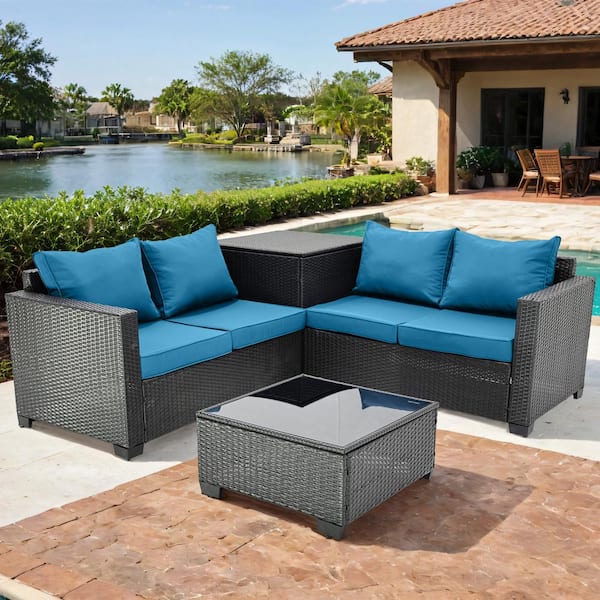Unbranded 4-Pieces Black Wicker Outdoor Sectional Set with Peacock Blue Cushions and Storage Box