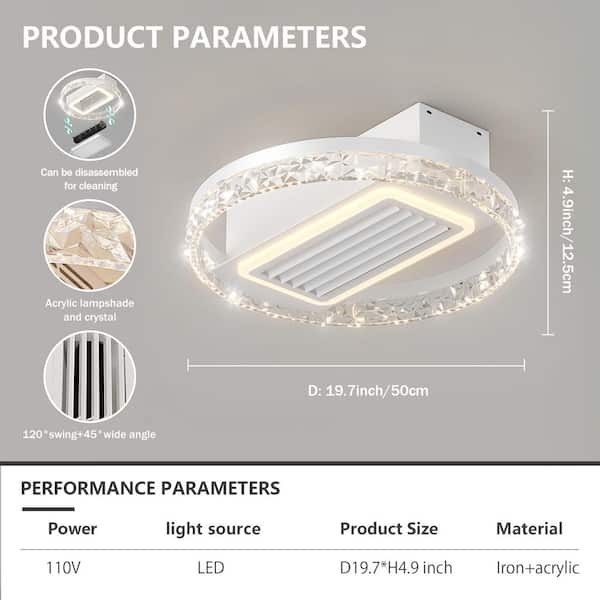 20 in. W Integrated LED Ceiling Fan with Light Flush Mount, Dimmable/6 Speeds/Timer/Memory (Unreversible and Crystal)