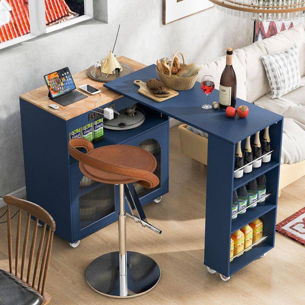Navy Blue Wood 56.3 in. Rolling Kitchen Island with Extended Table, 2 Fluted Glass Doors and LED Light