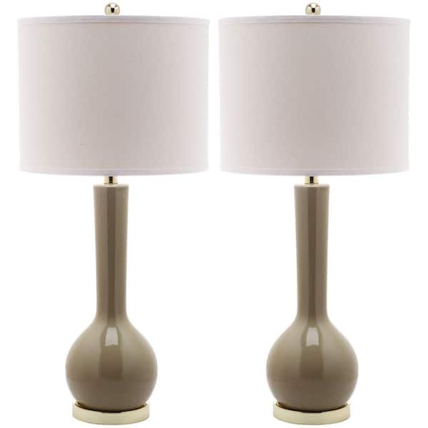 SAFAVIEH Mae 30.5 in. Taupe Long Neck Ceramic Table Lamp with Off-White Shade (Set of 2)
