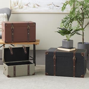 15 in. H x 24 in. W Multi-Colored Wooden Vintage Studded Woven Storage Trunk with Brown Buckle Straps (Set of 3)