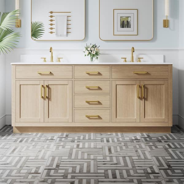 NORA 80 in. Freestanding OAK Solid Wood Bath Vanity with Pure White Cultured Marble Top, Soft-Close, Assembled