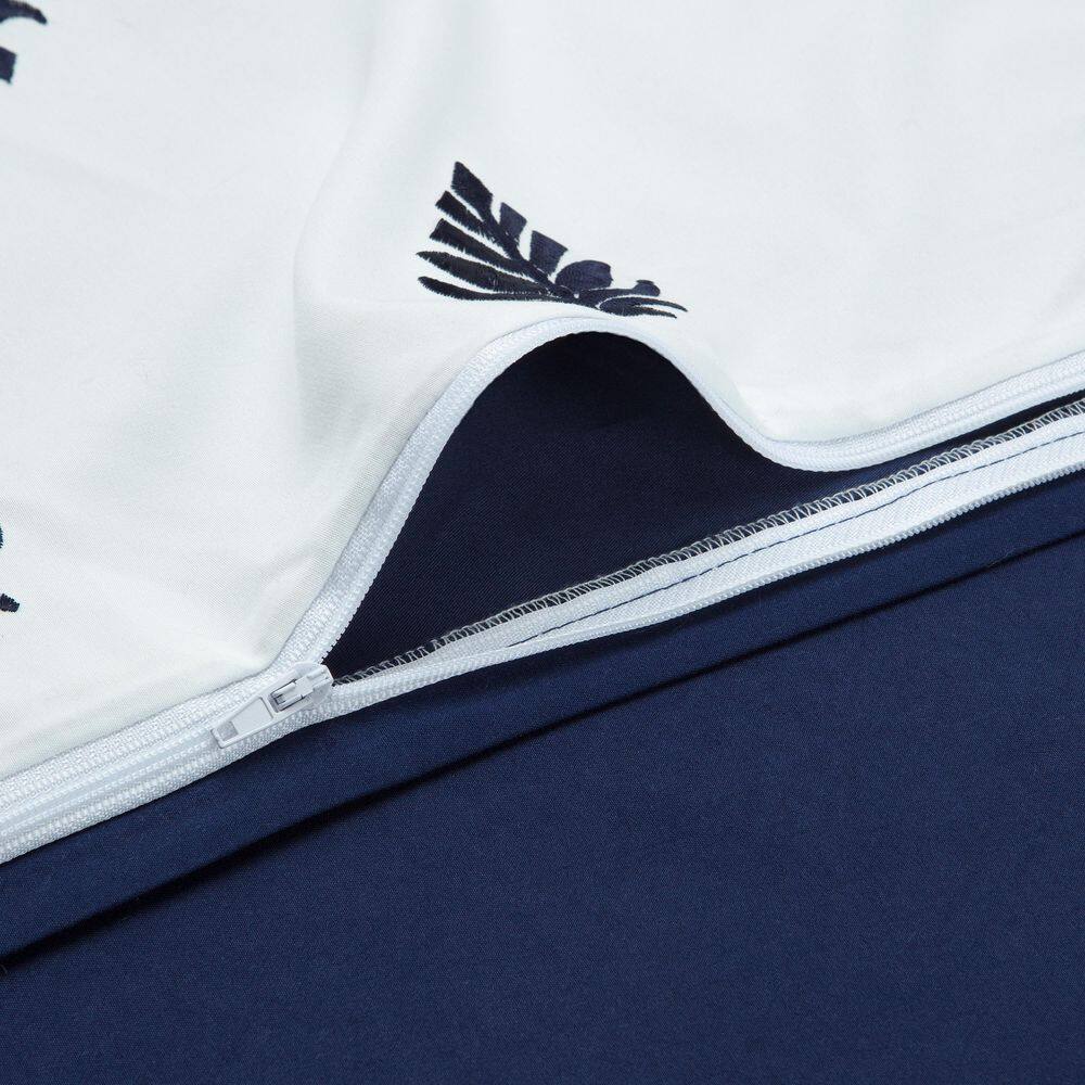 Navy and White Embroidered Microfiber Queen Duvet Cover Set