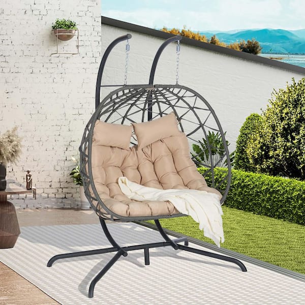 Unbranded Extra Large 2-Person Indoor Outdoor Wicker Patio Swing Egg Chair Hanging Egg Chair with Black Stand and Beige Cushions