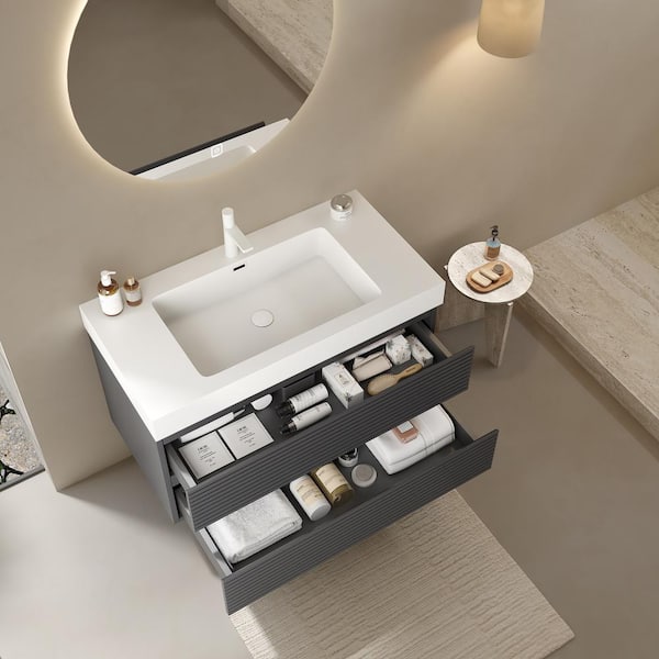 36 in. Floating Gray Bath Vanity with White Acrylic Top and White Acrylic Basin