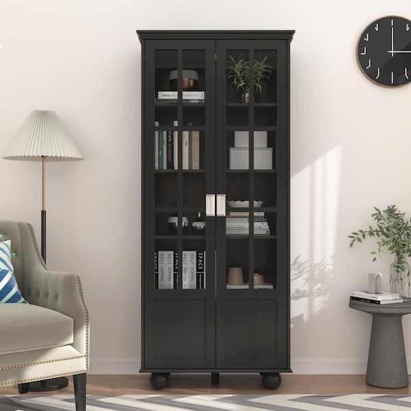 FUFU&GAGA 72.3 in. Tall Black Wood 5-Shelf Accent Bookcase, Storage Cabinet with 2-Door and Acrylic Glass Doors