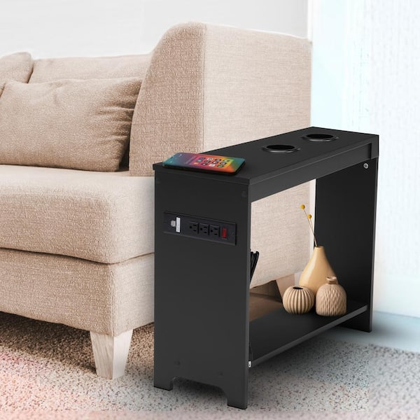 MAYKOOSH Black Compact End Table with USB Ports and Outlets, Charging Station Chairside Table or Nightstand for Bedroom