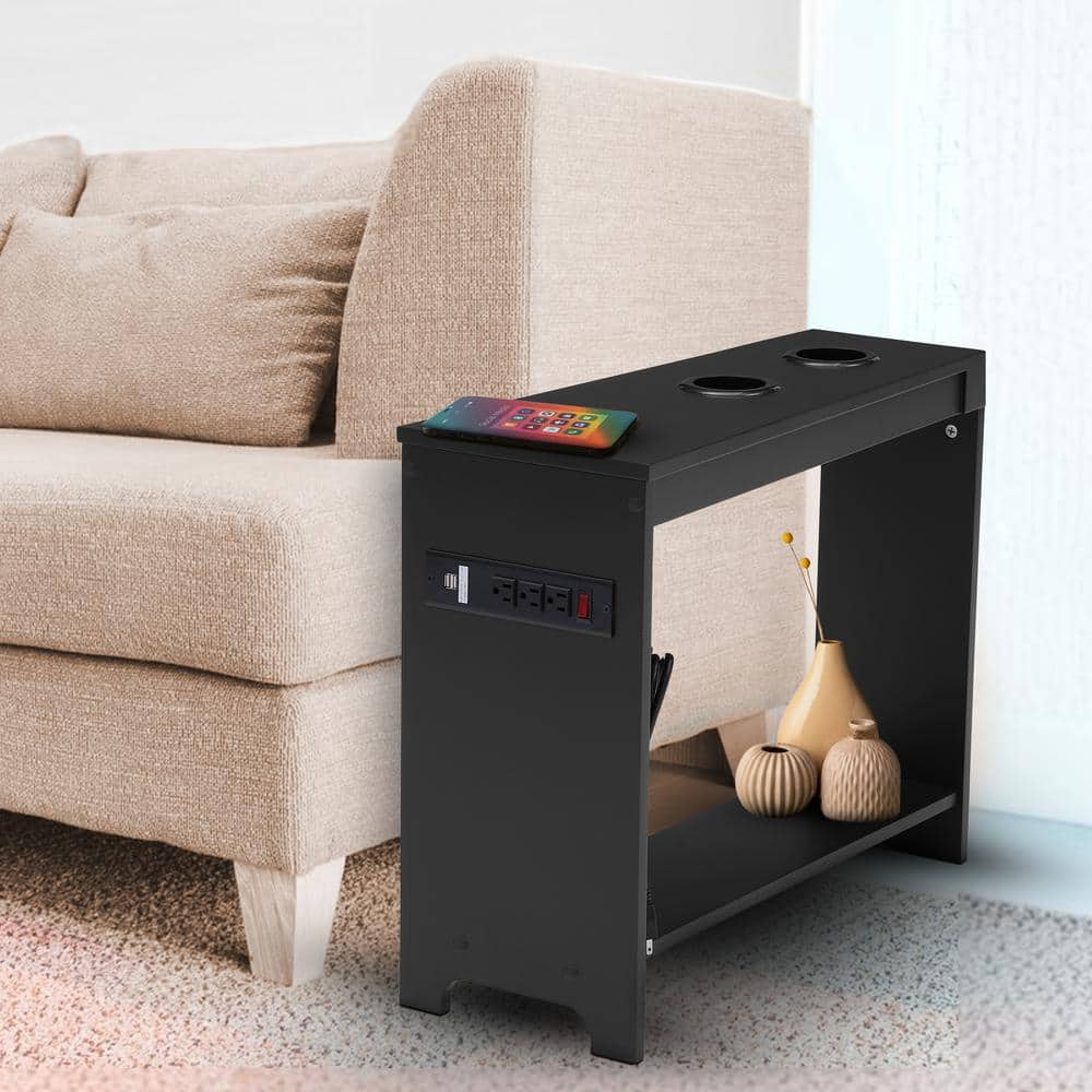 Black Wood 2-Drawer Nightstand with Charging Station