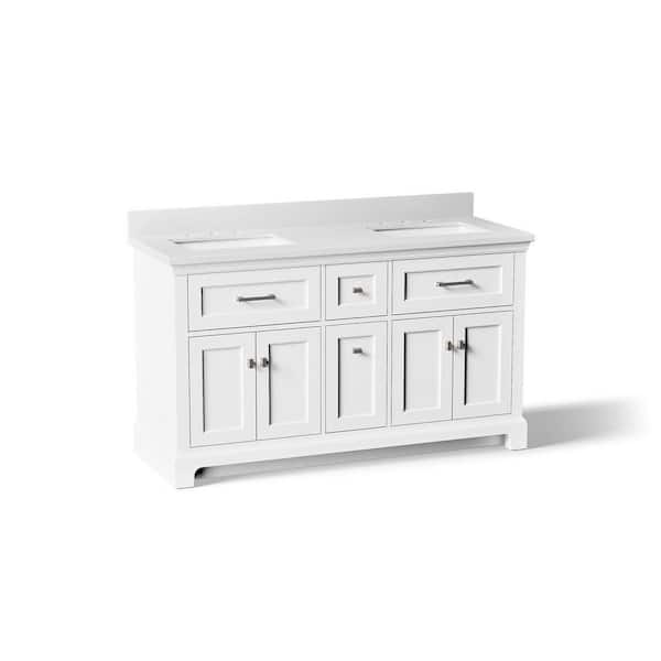 Charlemont 61 in. Double Sink Freestanding White Bath Vanity with White Quartz Top Assembled