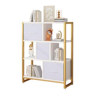 40.55 in. Tall White Wood 3-Shelf Cube Bookcase with Fabric Drawes, Storage