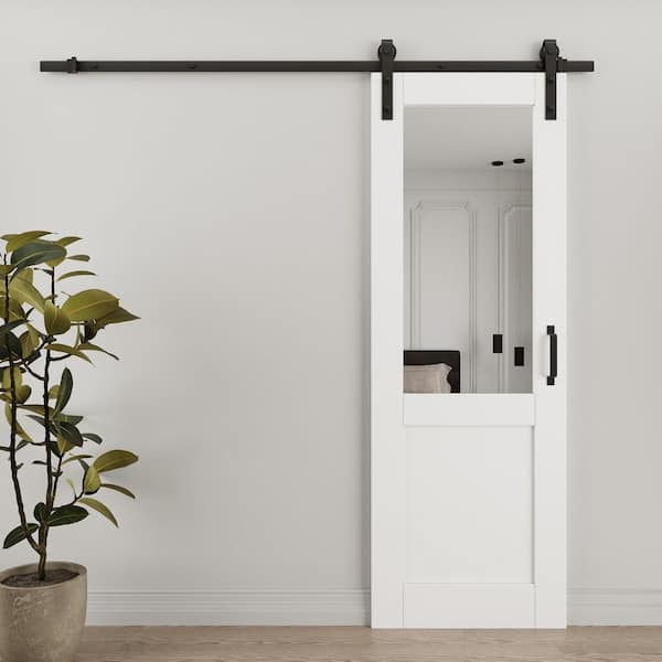 28 in. x 80 in. No Assembly Required 1/2-Lite Mirrored Glass White Primed MDF Sliding Barn Door with Hardware Kit