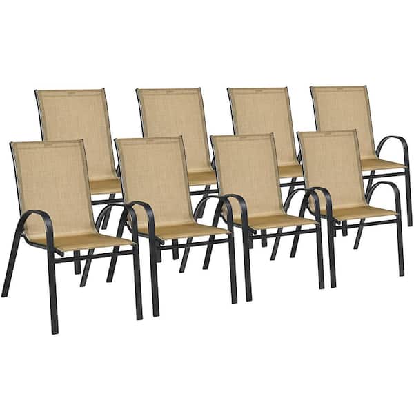 Costway Patio Metal Stackable Dining Chairs Armrest Garden Deck Brown (Set of 8)